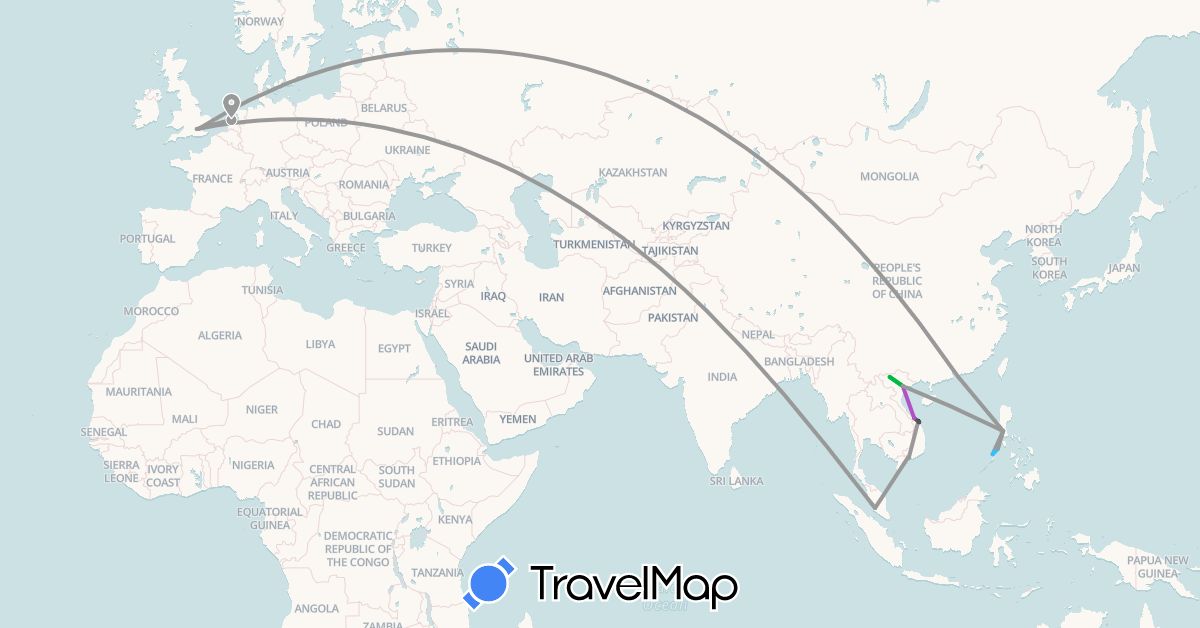 TravelMap itinerary: driving, bus, plane, train, boat, motorbike in China, United Kingdom, Malaysia, Netherlands, Philippines, Vietnam (Asia, Europe)